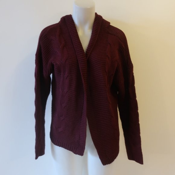 MACYS BURGUNDY OPEN KNIT HOODED CARDIGAN SWEATER SZ S* - Picture 3 of 6